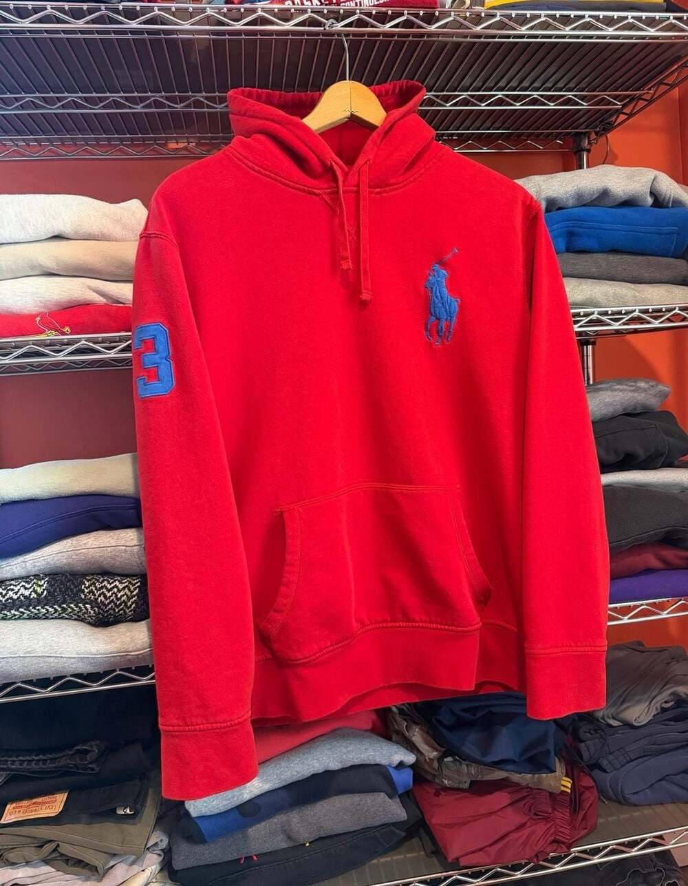 Polo Ralph Lauren Red Blue Big Pony #3 Fleece Hoodie Men’s XL